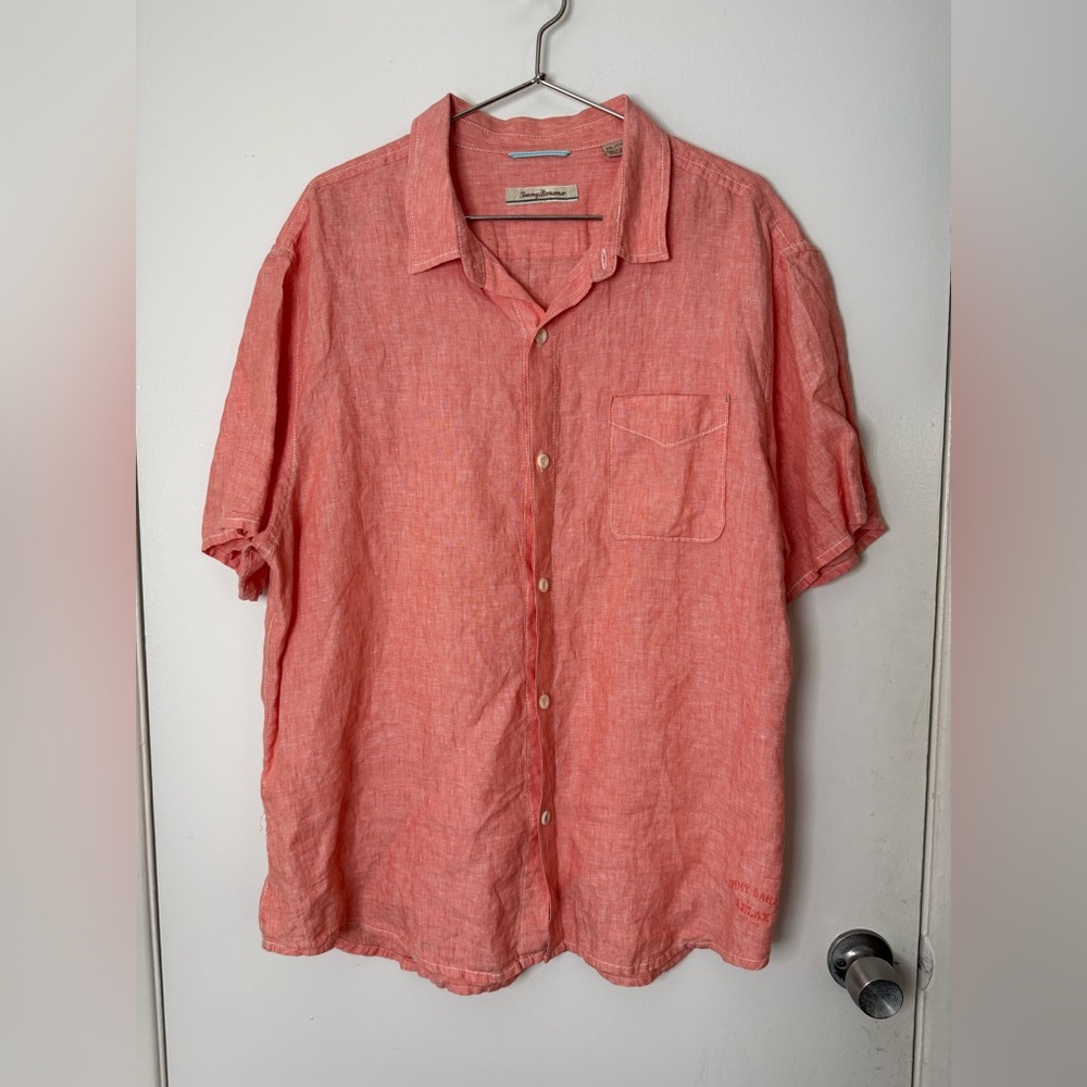 Tommy Bahama, short sleeve button down linen shirt, and salmon, peach XXL